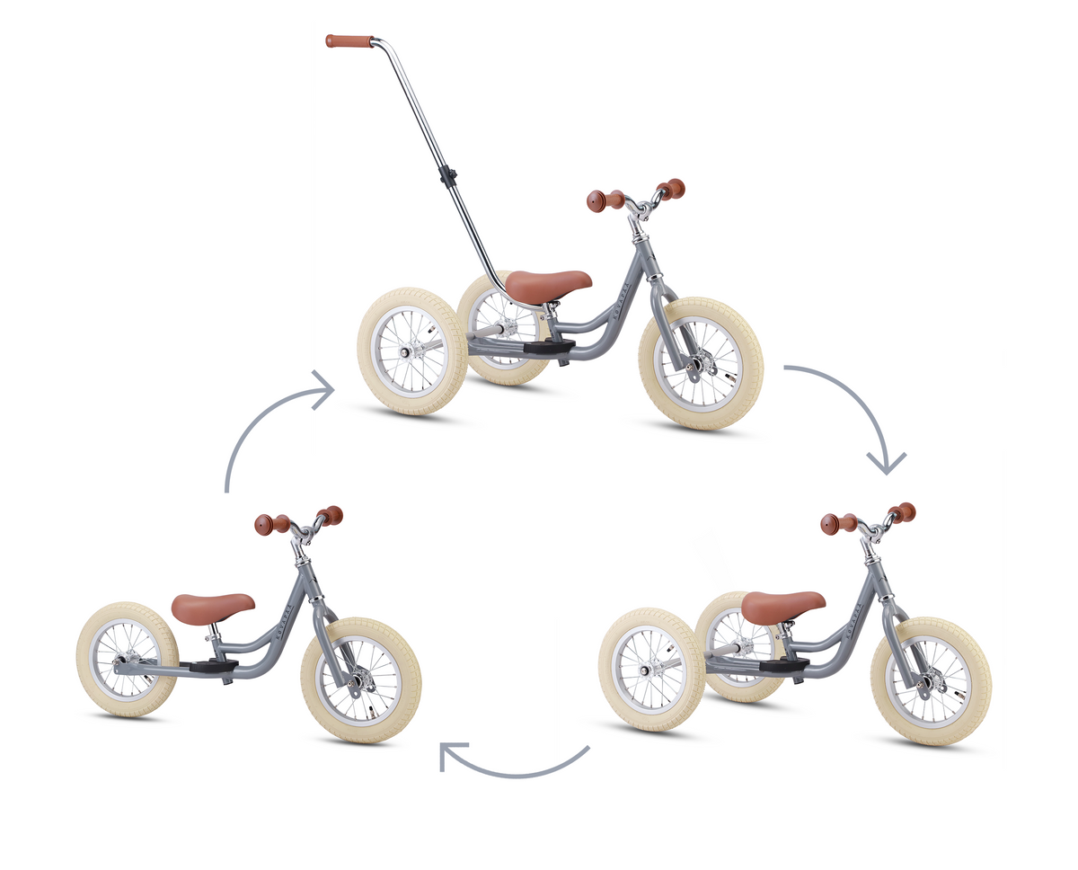 Kovapää 2 in 1 Loopfiets Grijs in verschillende standen weergegeven voor veilig leren balanceren.