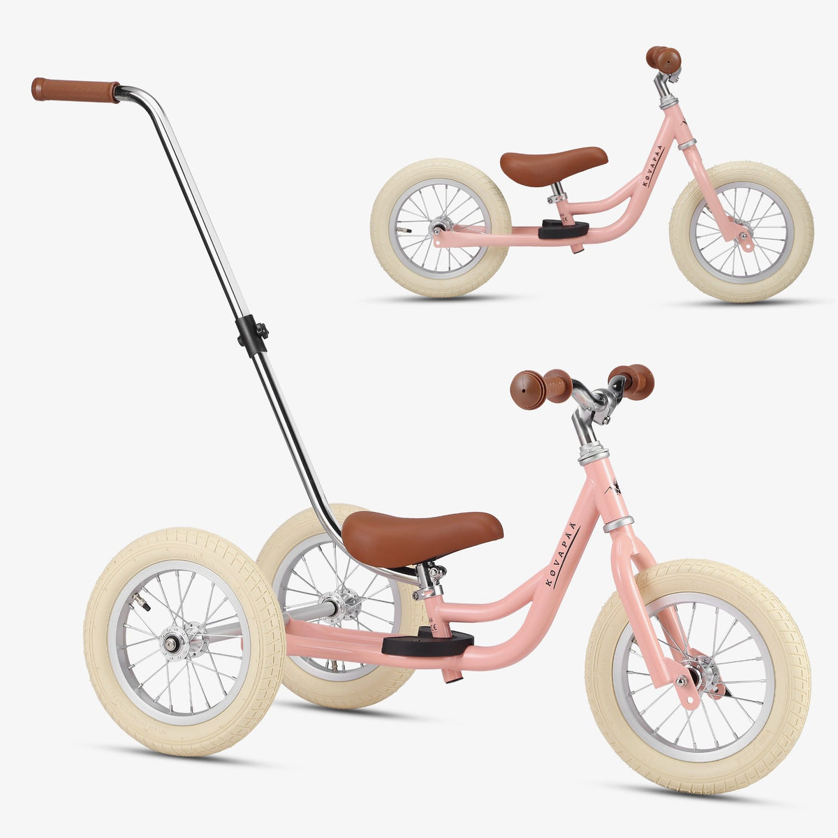 Køvapää 2-in-1 loopfiets roze in driewieler- en tweewielerstand